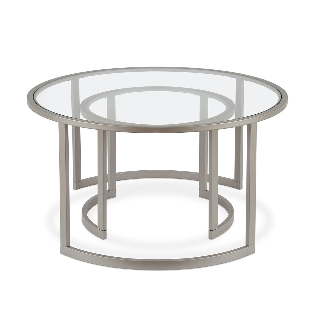 Set of Two 36-Inch Nickel Glass and Steel Round Nested Coffee Tables