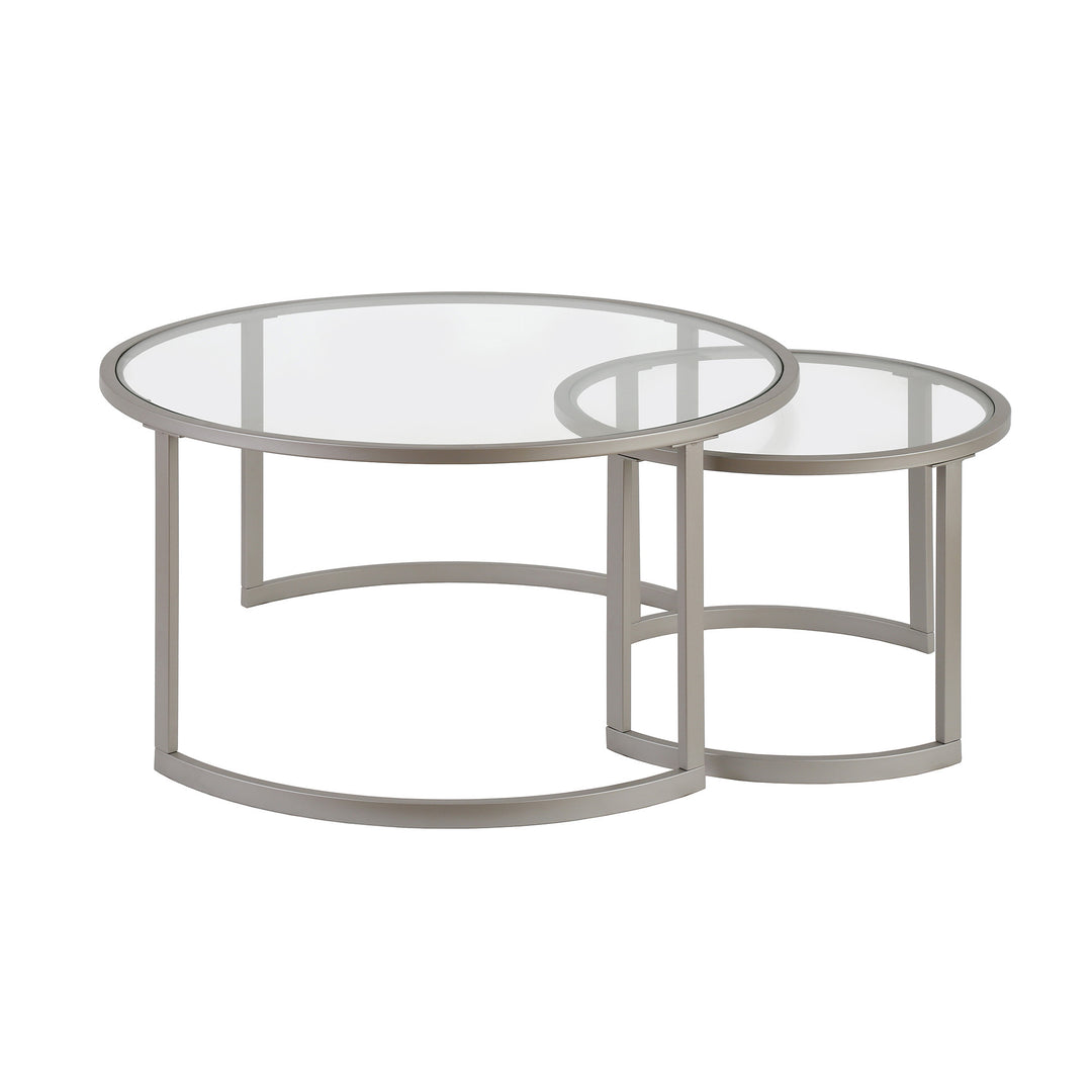 Set of Two 36-Inch Nickel Glass and Steel Round Nested Coffee Tables