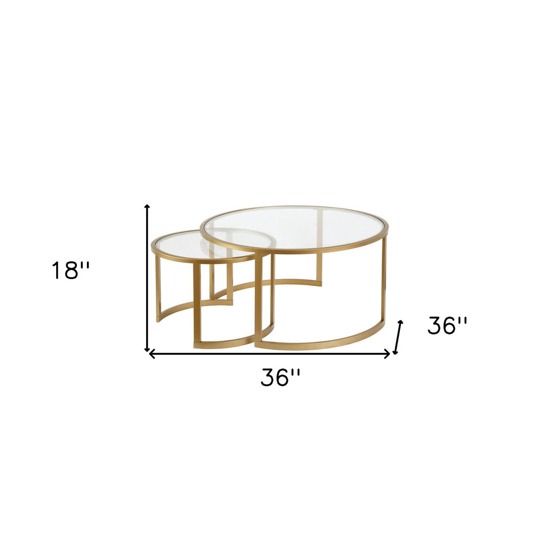 Set of Two Premium 36" Gold Glass And Steel Round Nested Coffee Tables