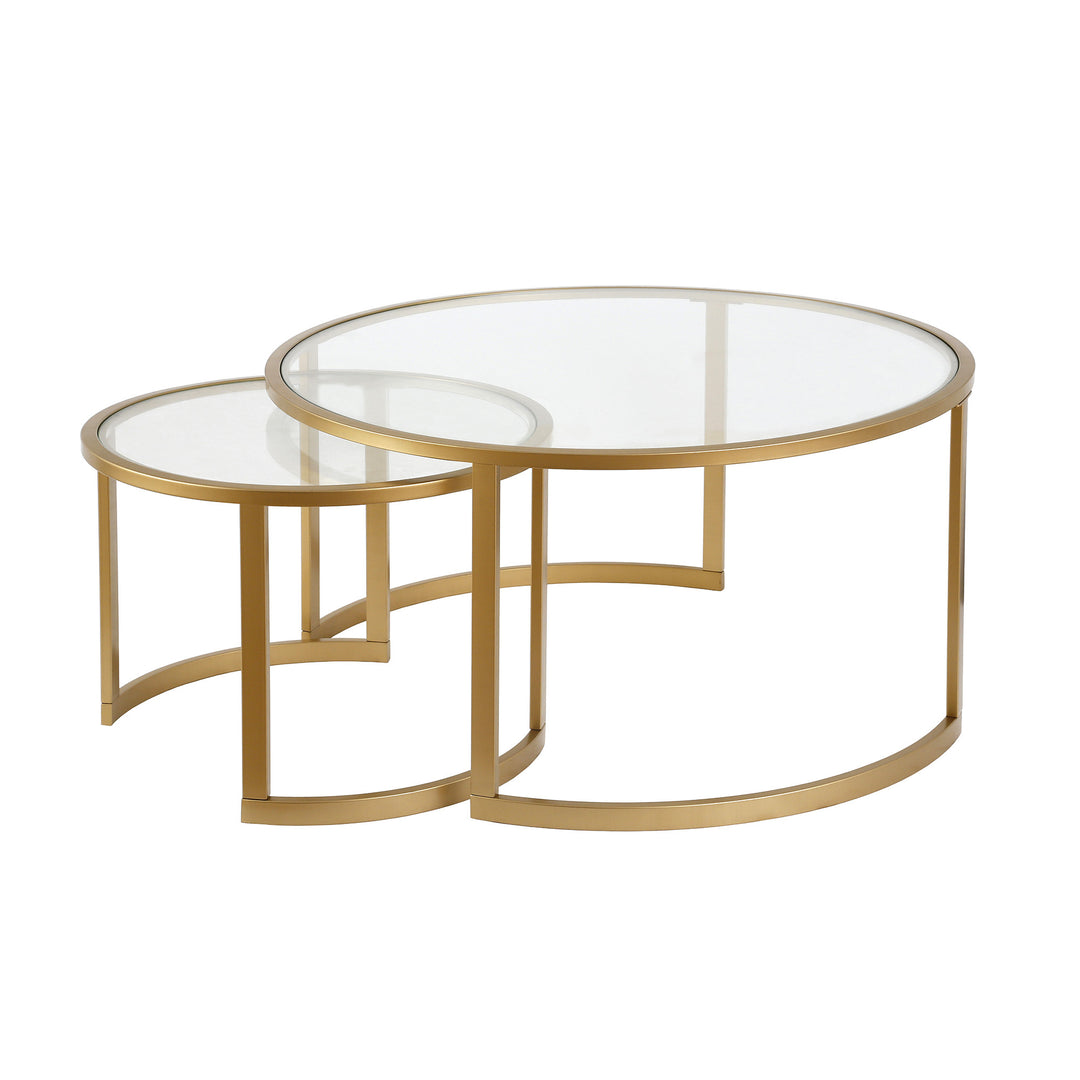 Set of Two Premium 36" Gold Glass And Steel Round Nested Coffee Tables