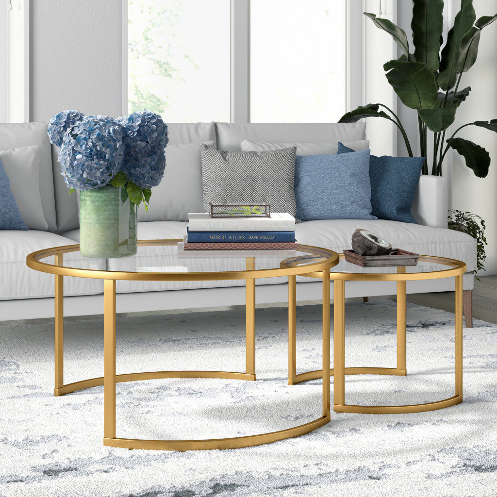 Set of Two Premium 36" Gold Glass And Steel Round Nested Coffee Tables