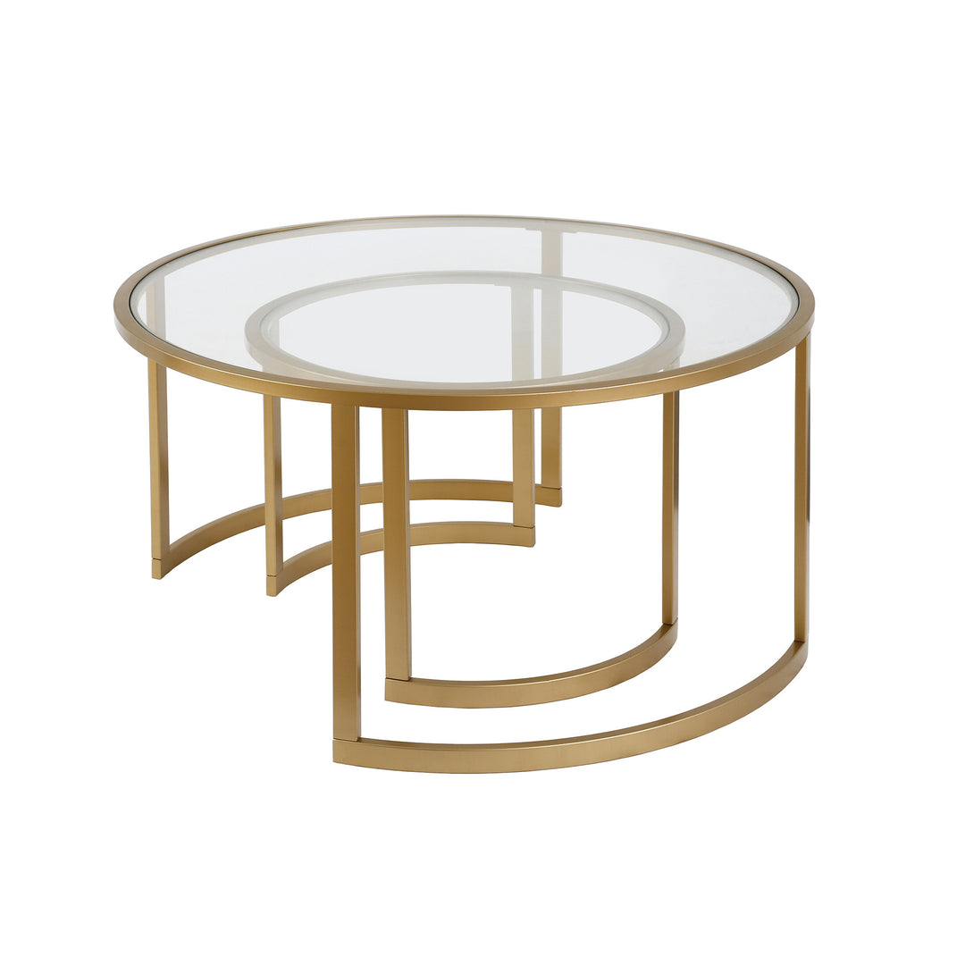 Set of Two Premium 36" Gold Glass And Steel Round Nested Coffee Tables