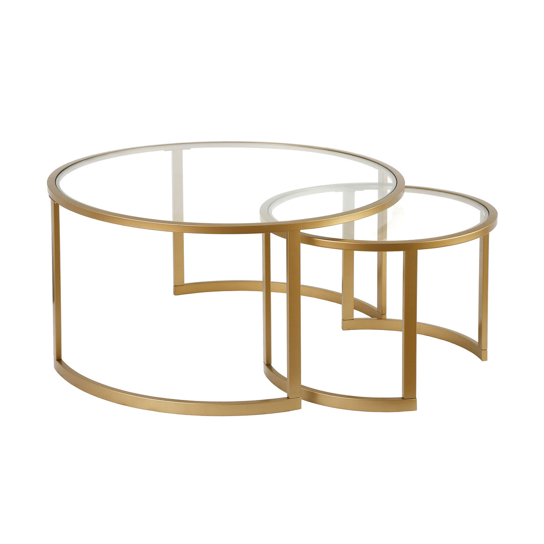 Set of Two Premium 36" Gold Glass And Steel Round Nested Coffee Tables