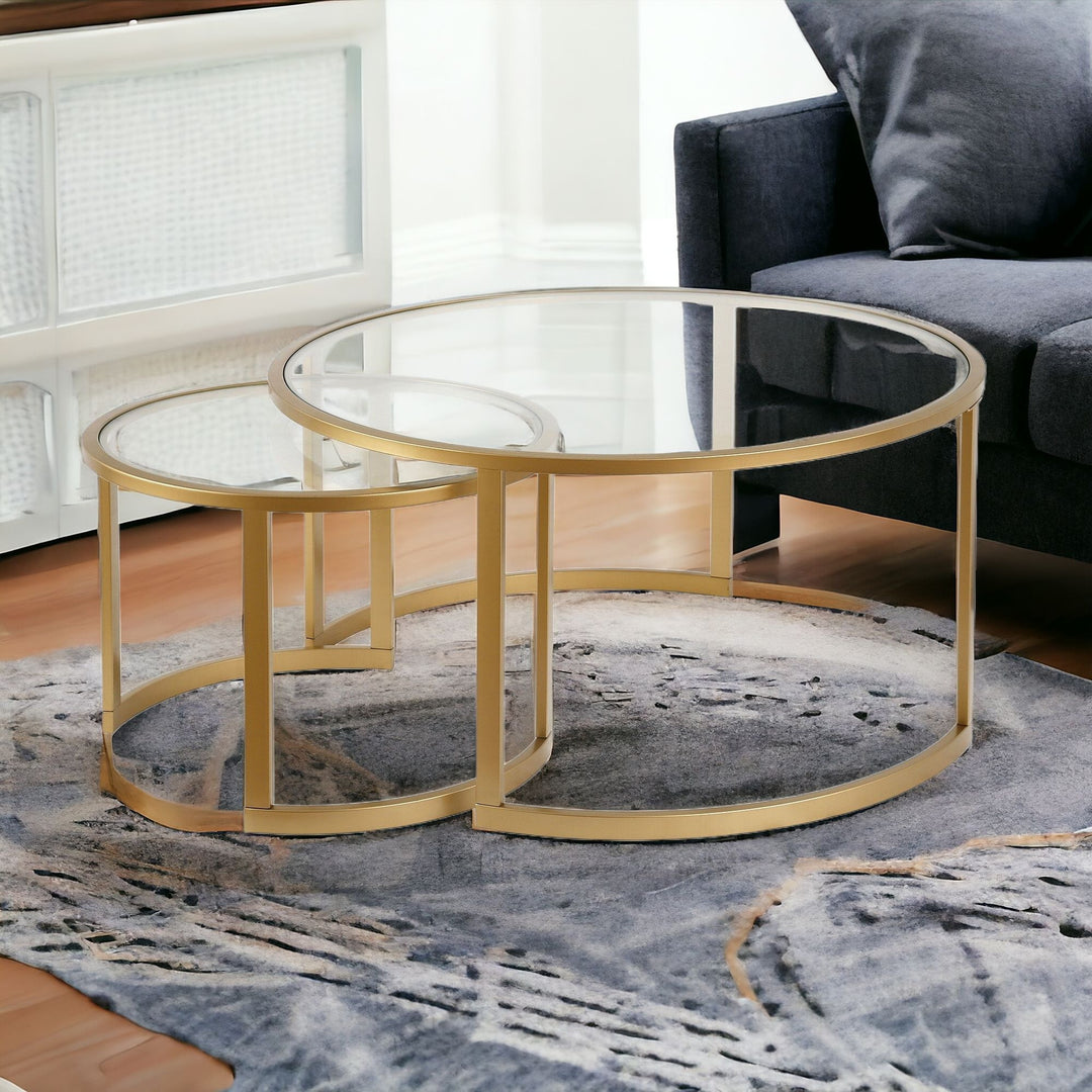 Set of Two Premium 36" Gold Glass And Steel Round Nested Coffee Tables