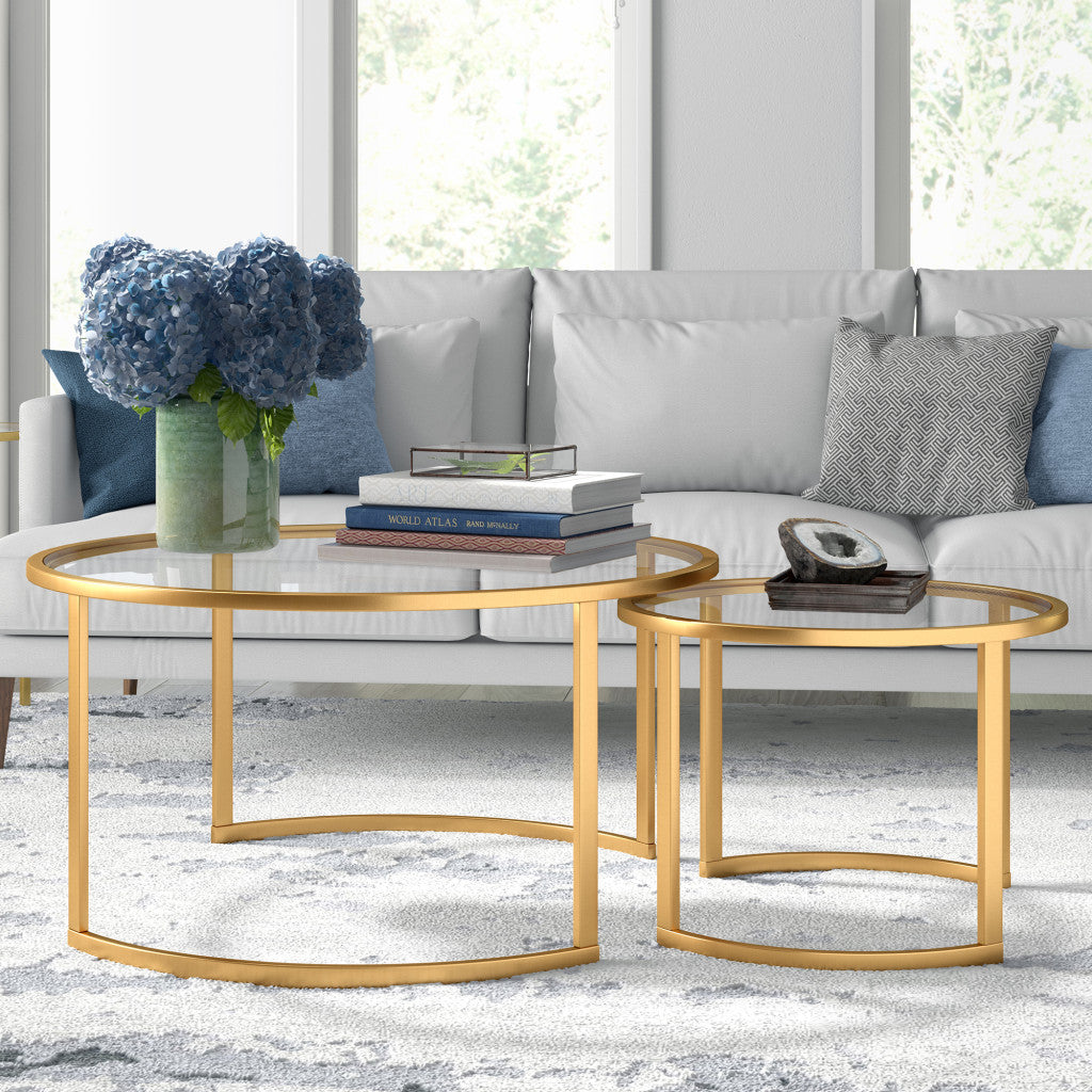 Set of Two Premium 36" Gold Glass And Steel Round Nested Coffee Tables