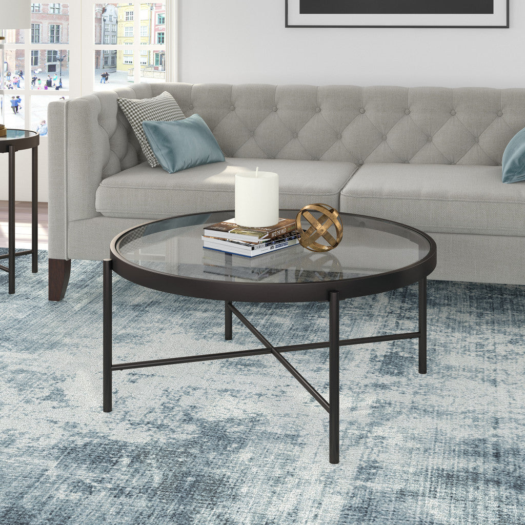 Effortless 36" Black Glass And Steel Round Coffee Table