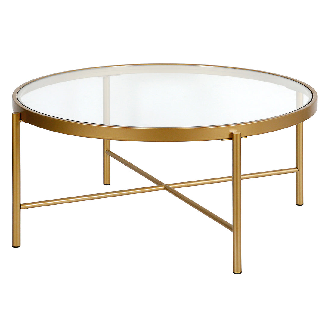 36-Inch Round Gold Glass Coffee Table with Steel Frame