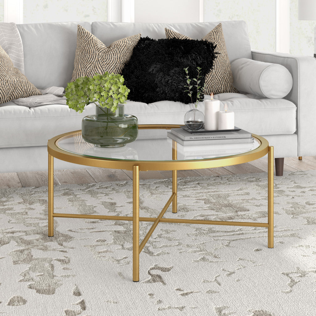 36-Inch Round Gold Glass Coffee Table with Steel Frame