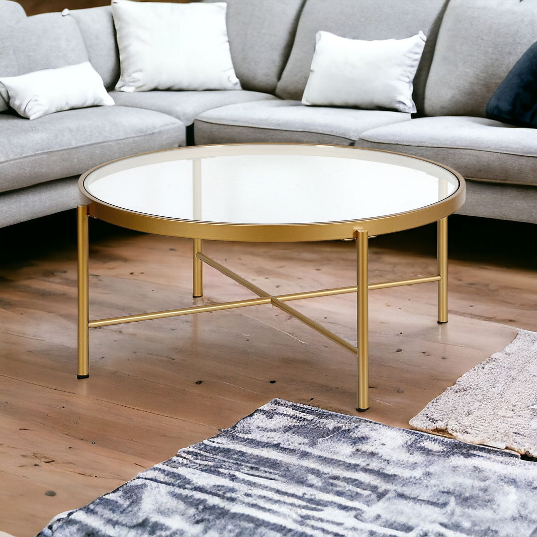 36-Inch Round Gold Glass Coffee Table with Steel Frame