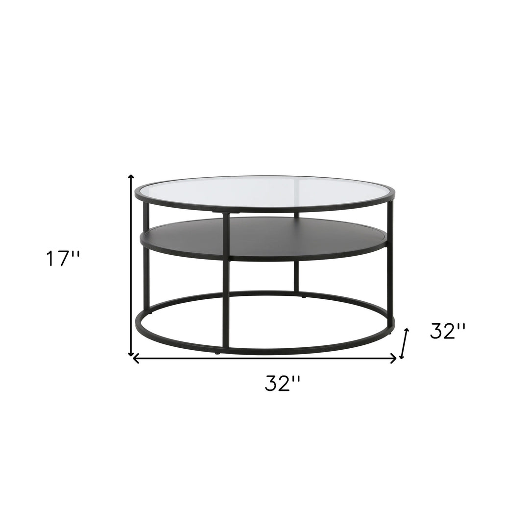 32" Black Glass and Steel Round Coffee Table with Shelf