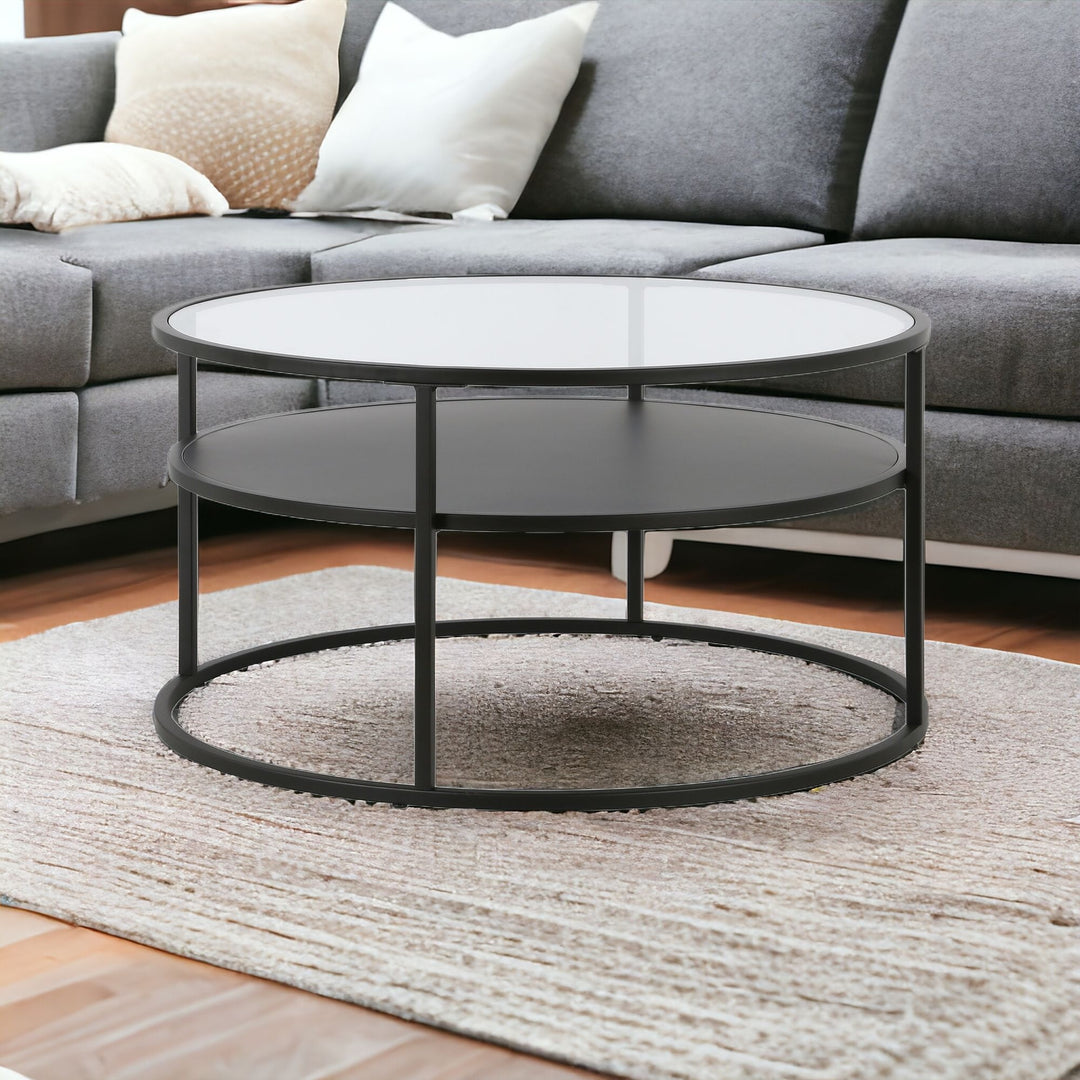 32" Black Glass and Steel Round Coffee Table with Shelf