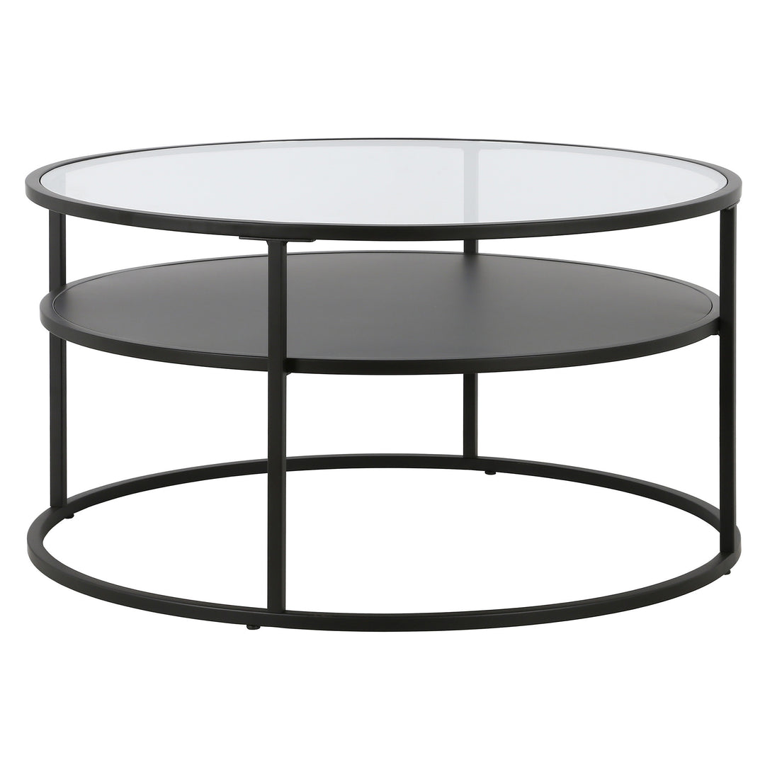 32" Black Glass and Steel Round Coffee Table with Shelf