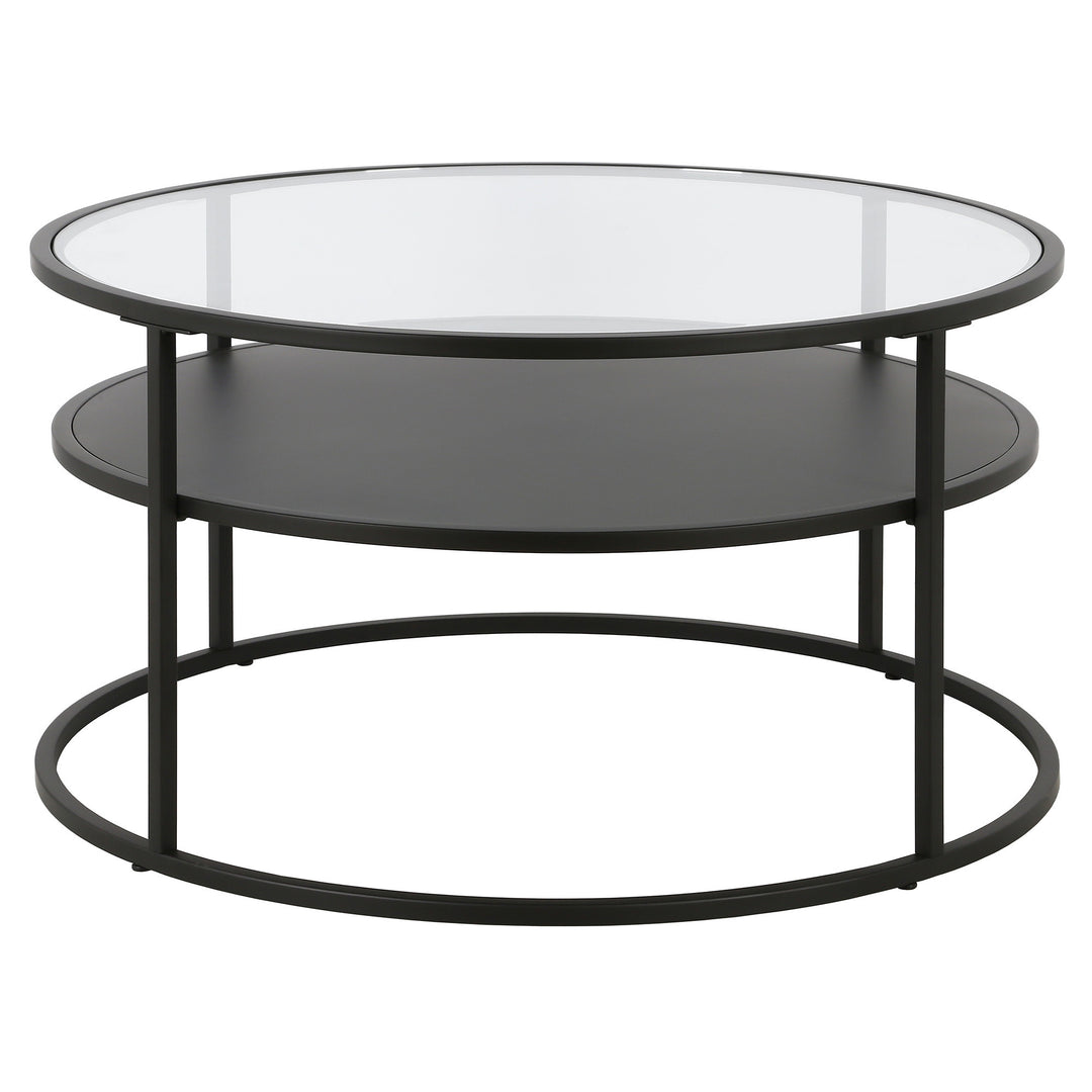 32" Black Glass and Steel Round Coffee Table with Shelf