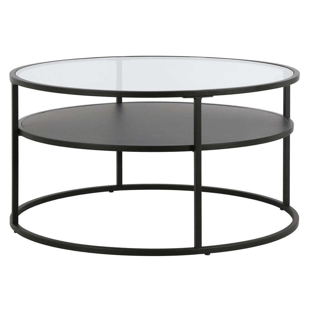 32" Black Glass and Steel Round Coffee Table with Shelf