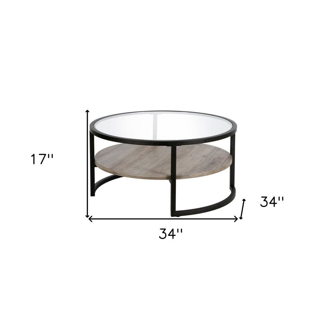 34" Black Glass and Steel Round Coffee Table with Storage Shelf