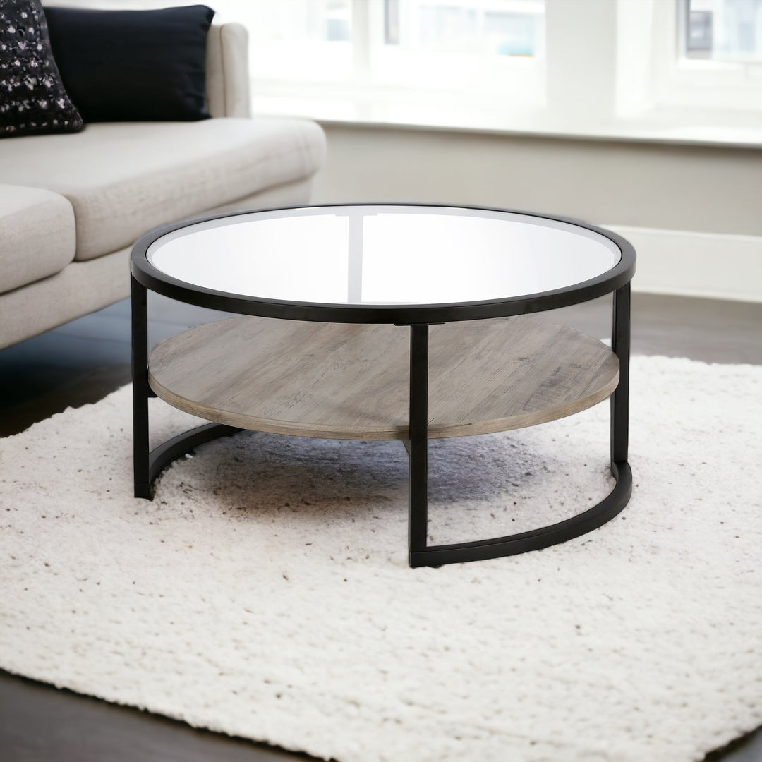 34" Black Glass and Steel Round Coffee Table with Storage Shelf