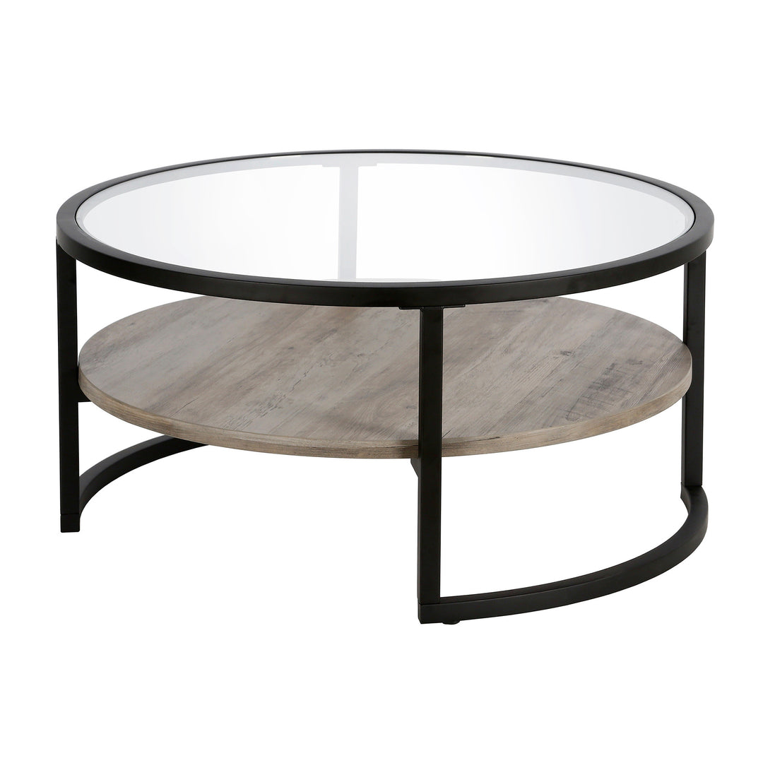 34" Black Glass and Steel Round Coffee Table with Storage Shelf