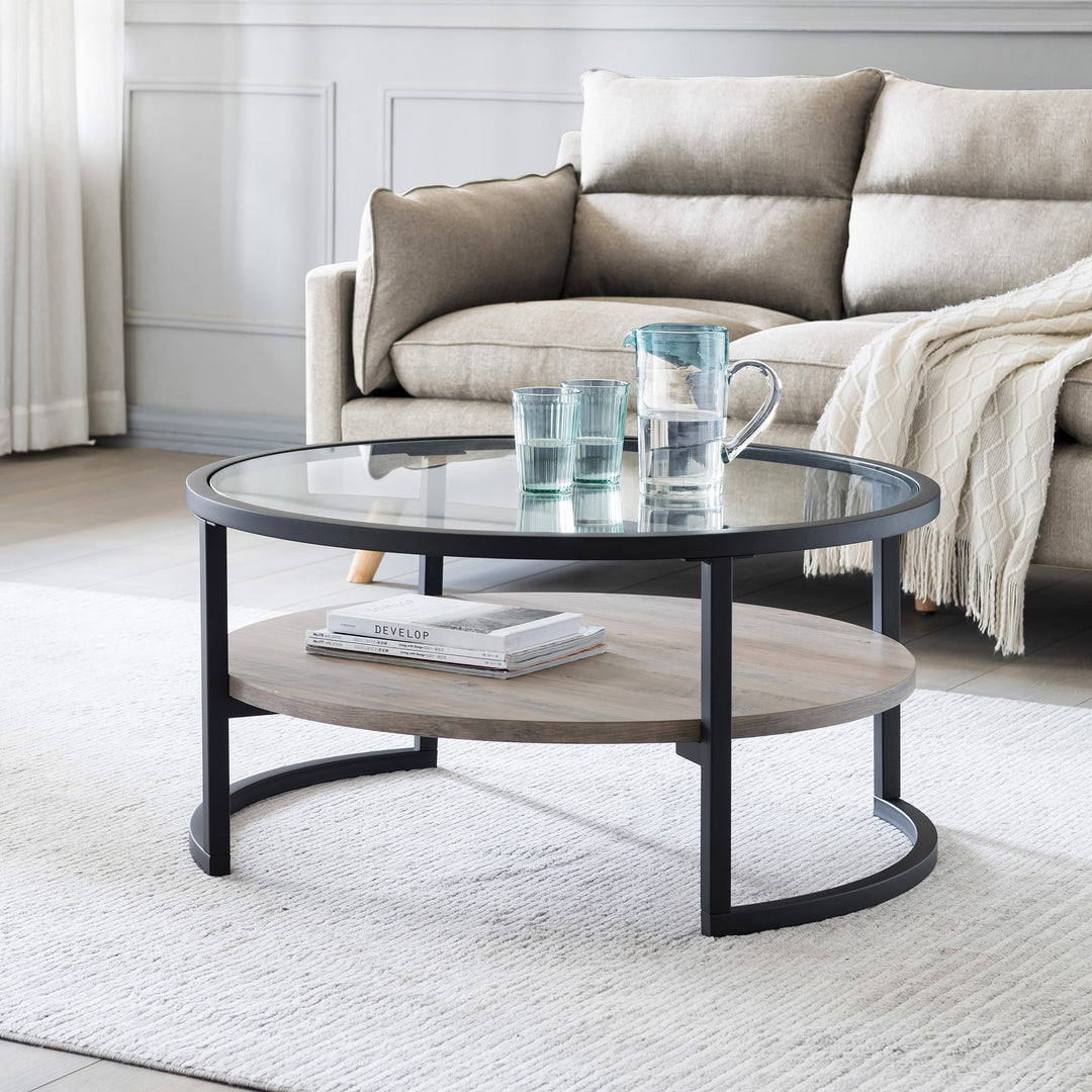 34" Black Glass and Steel Round Coffee Table with Storage Shelf