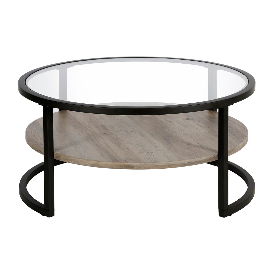 34" Black Glass and Steel Round Coffee Table with Storage Shelf