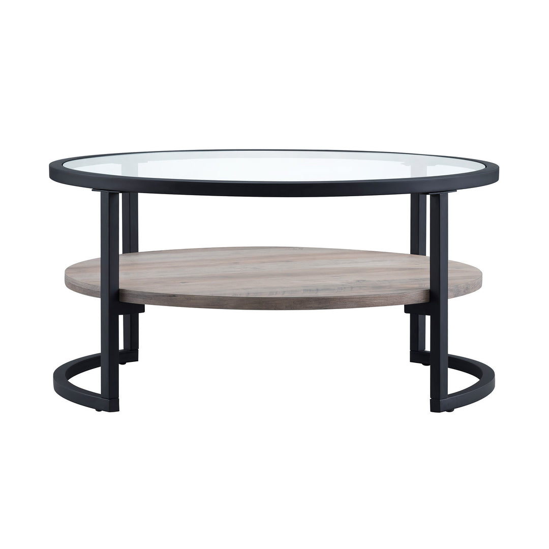 34" Black Glass and Steel Round Coffee Table with Storage Shelf