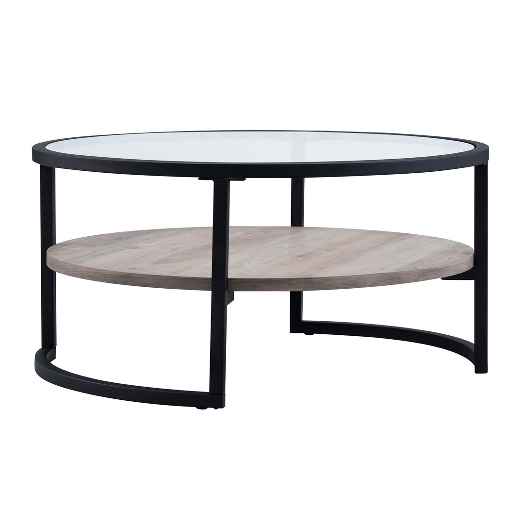 34" Black Glass and Steel Round Coffee Table with Storage Shelf