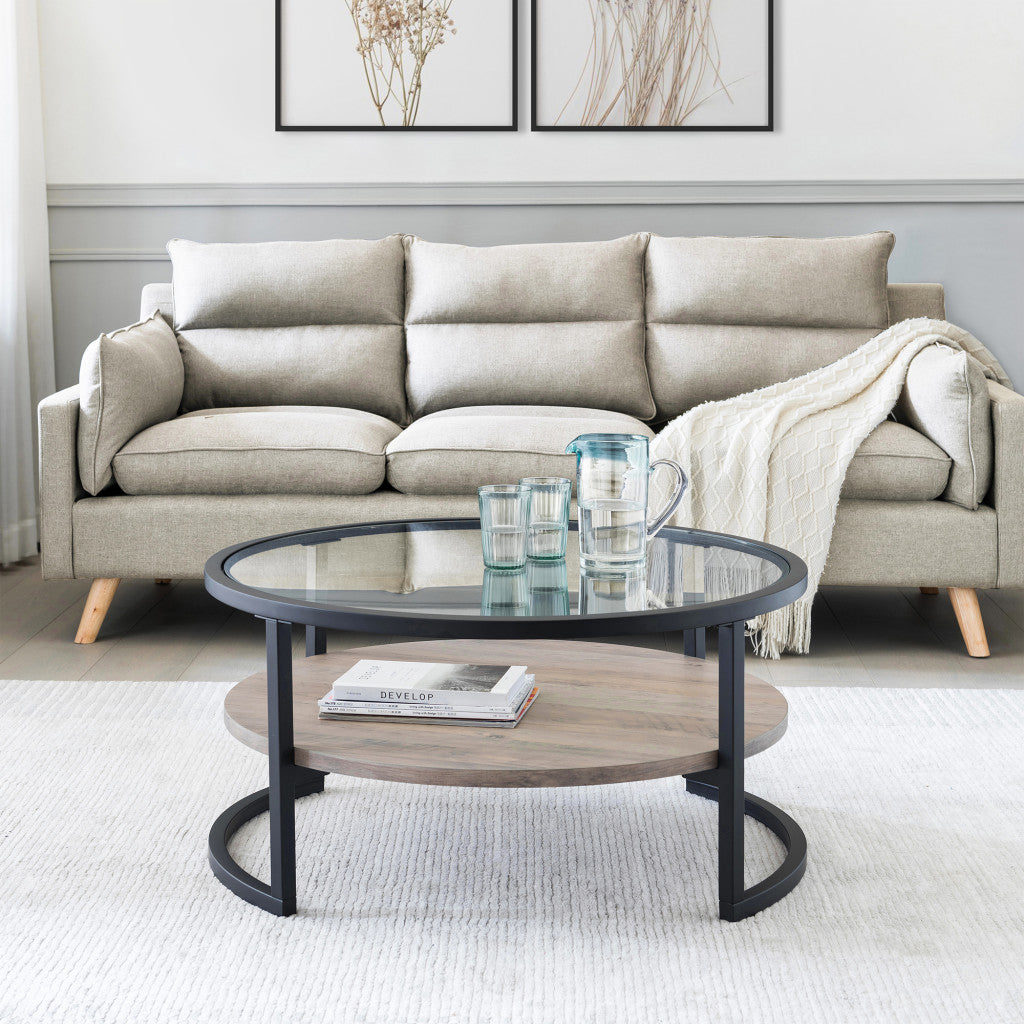 34" Black Glass and Steel Round Coffee Table with Storage Shelf