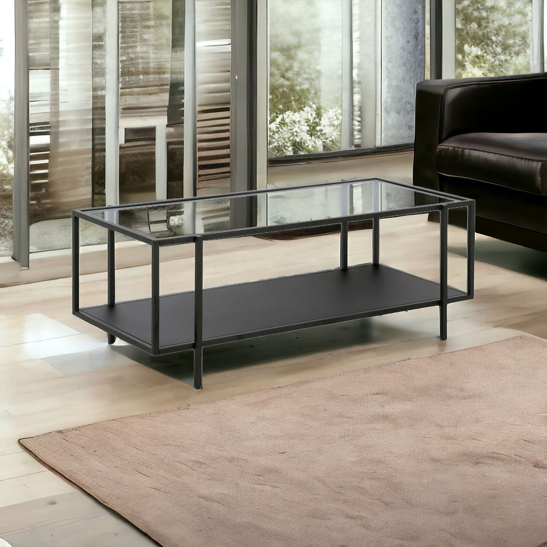 45" Modern Clear And Black Glass And Steel Coffee Table With Shelf