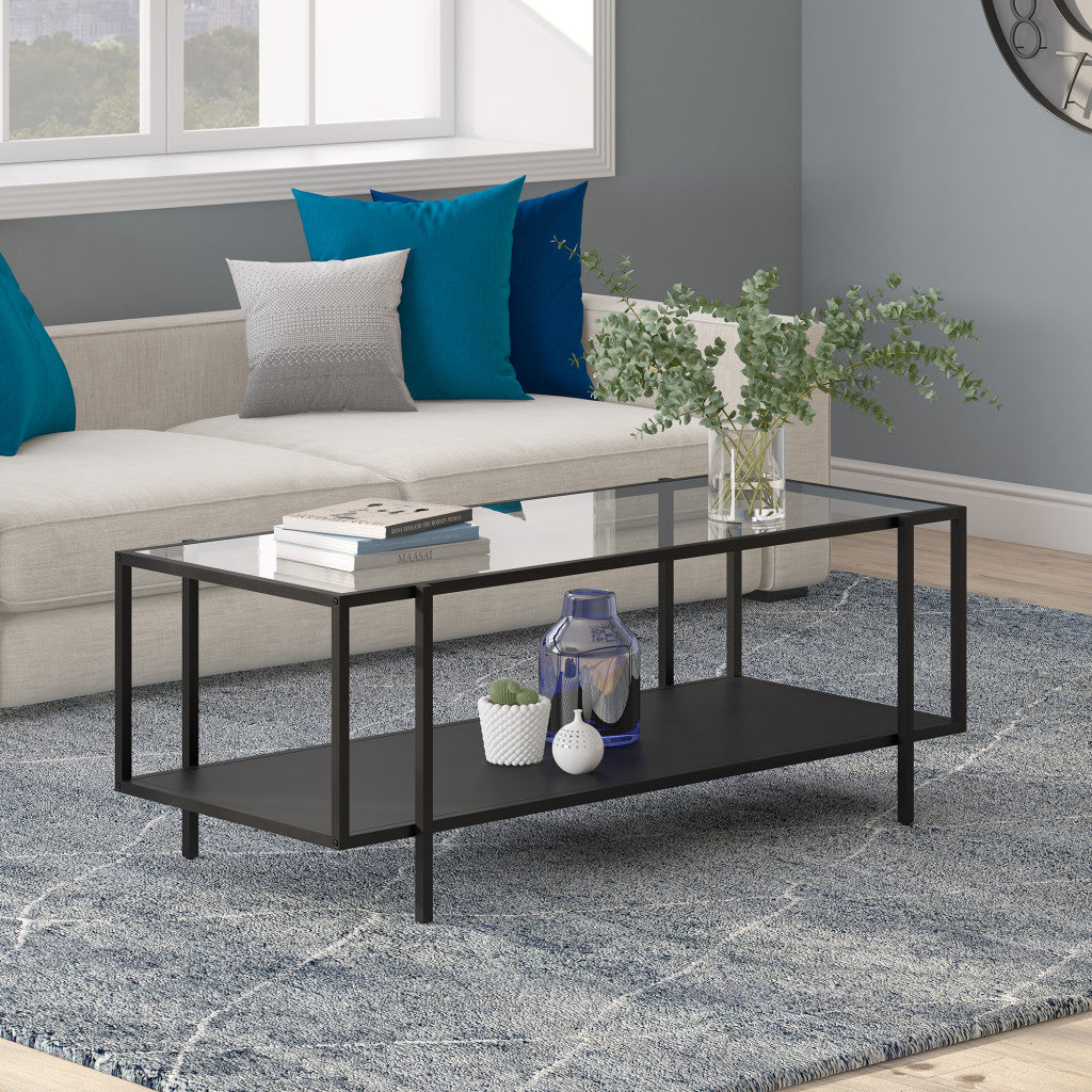 45" Modern Clear And Black Glass And Steel Coffee Table With Shelf