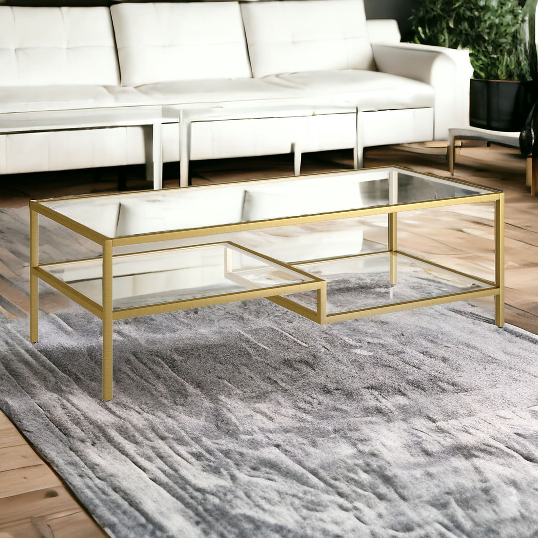 54-Inch Gold Glass And Steel Coffee Table with Two Shelves