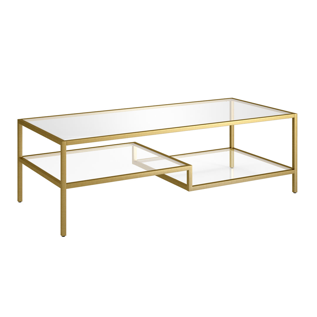 54-Inch Gold Glass And Steel Coffee Table with Two Shelves