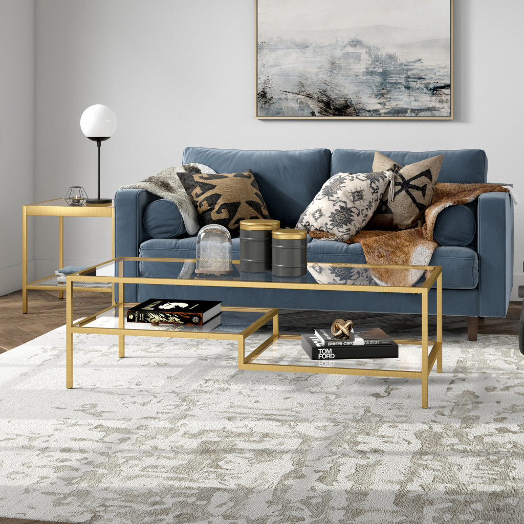 54-Inch Gold Glass And Steel Coffee Table with Two Shelves