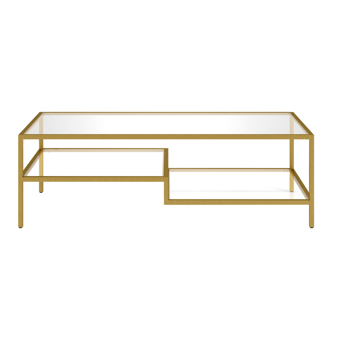 54-Inch Gold Glass And Steel Coffee Table with Two Shelves