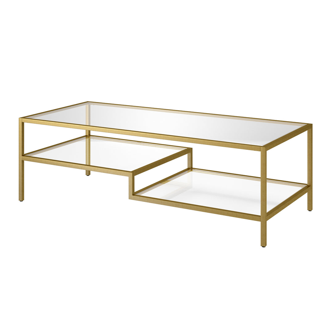 54-Inch Gold Glass And Steel Coffee Table with Two Shelves