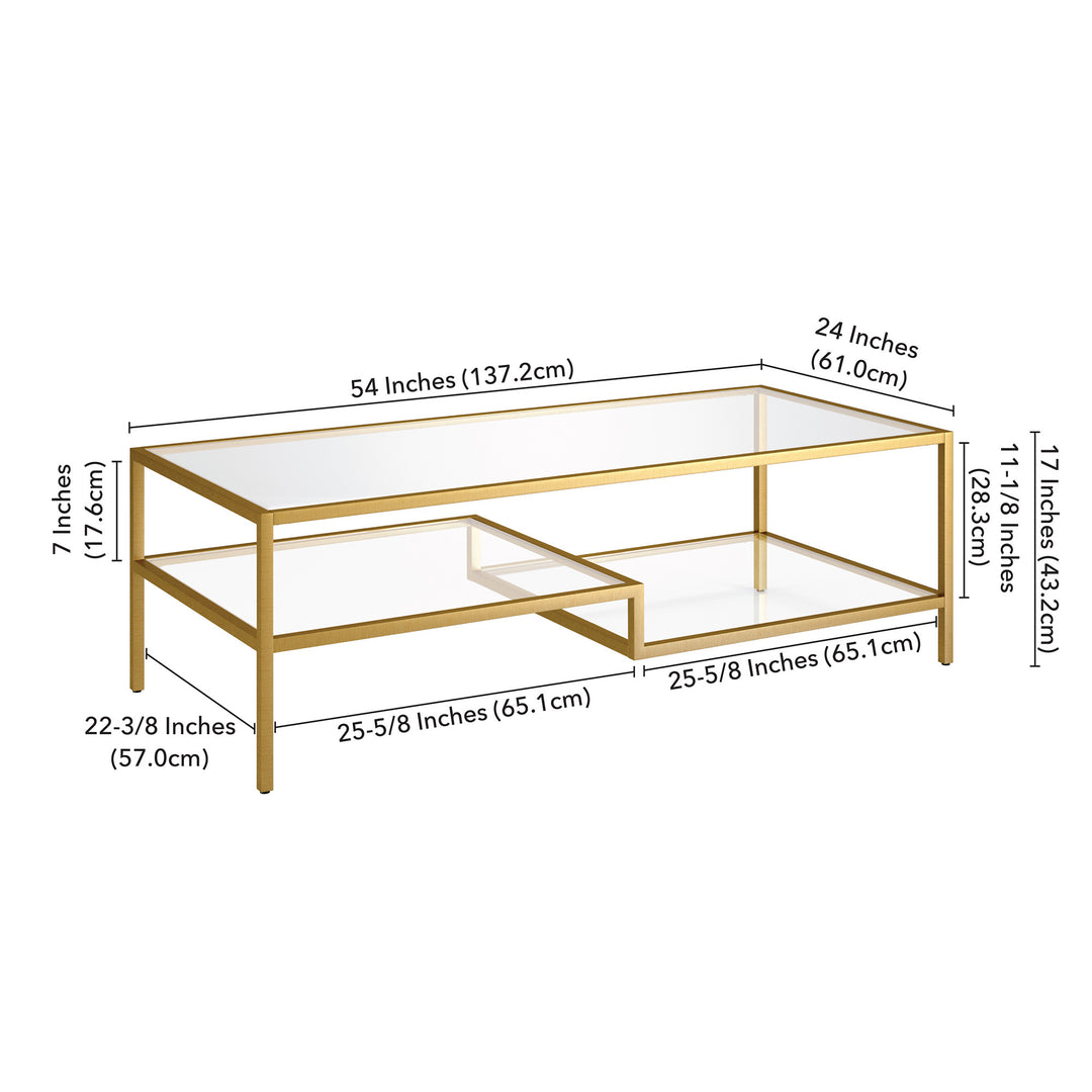 54-Inch Gold Glass And Steel Coffee Table with Two Shelves