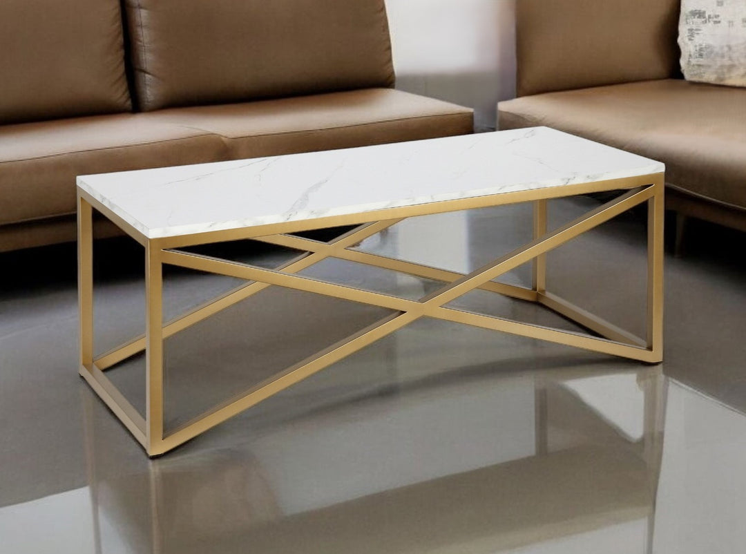 Modern 46" Gold Faux Marble And Steel Coffee Table