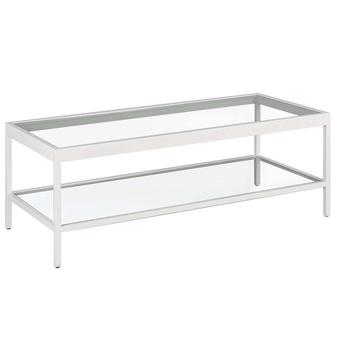 45" White Steel Coffee Table with Clear Glass Top and Storage Shelf