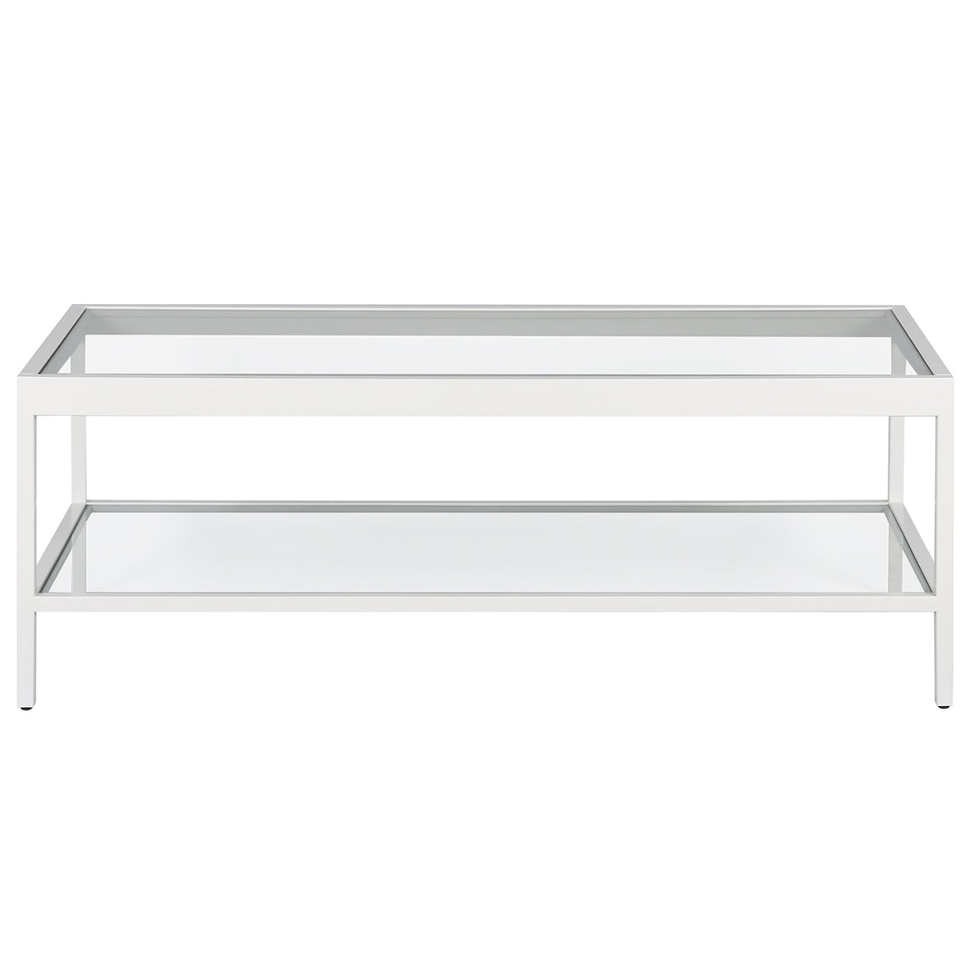 45" White Steel Coffee Table with Clear Glass Top and Storage Shelf