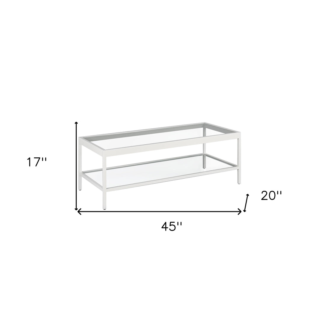 45" White Steel Coffee Table with Clear Glass Top and Storage Shelf