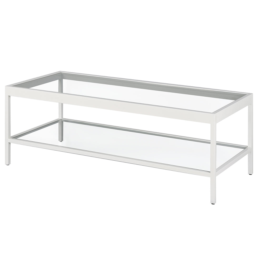 45" White Steel Coffee Table with Clear Glass Top and Storage Shelf