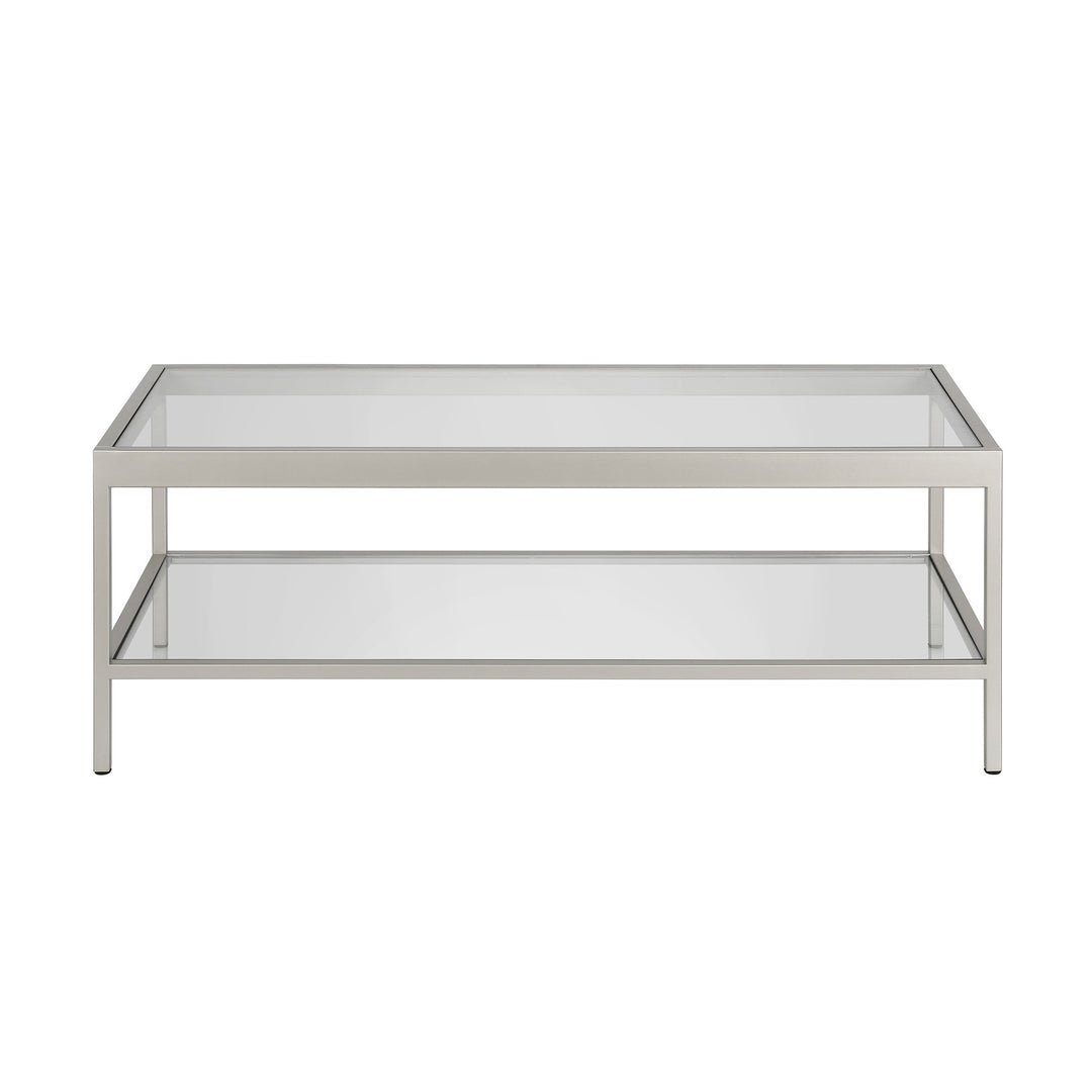 45" Clear Glass And Silver Steel Coffee Table With Shelf