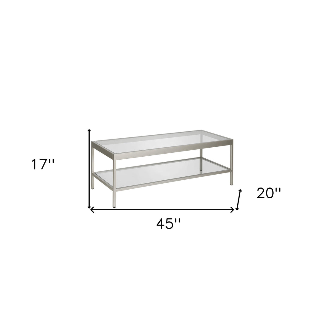 45" Clear Glass And Silver Steel Coffee Table With Shelf