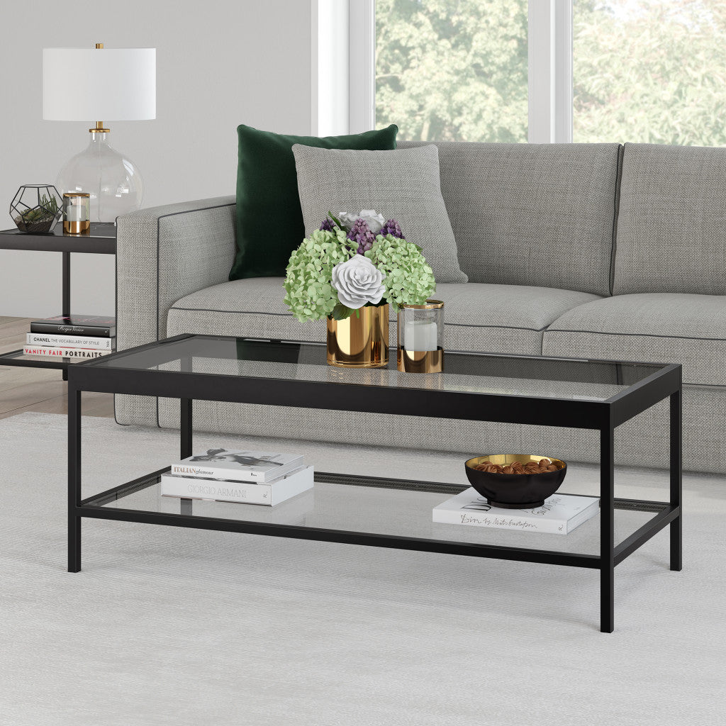 Luxurious 45-Inch Clear and Black Glass Coffee Table with Shelf