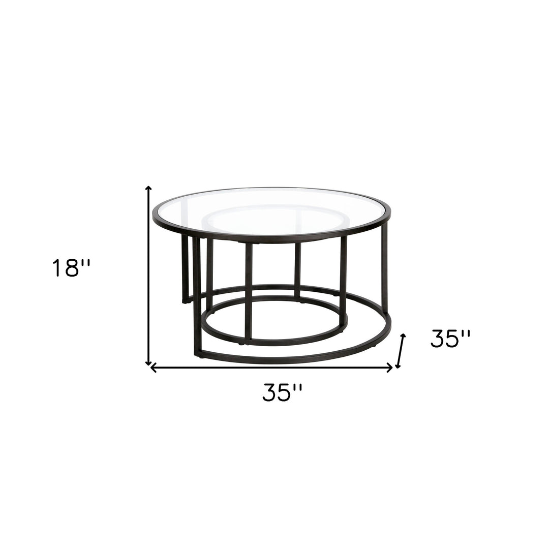 Set of Two 35-Inch Black Glass and Steel Round Nested Coffee Tables