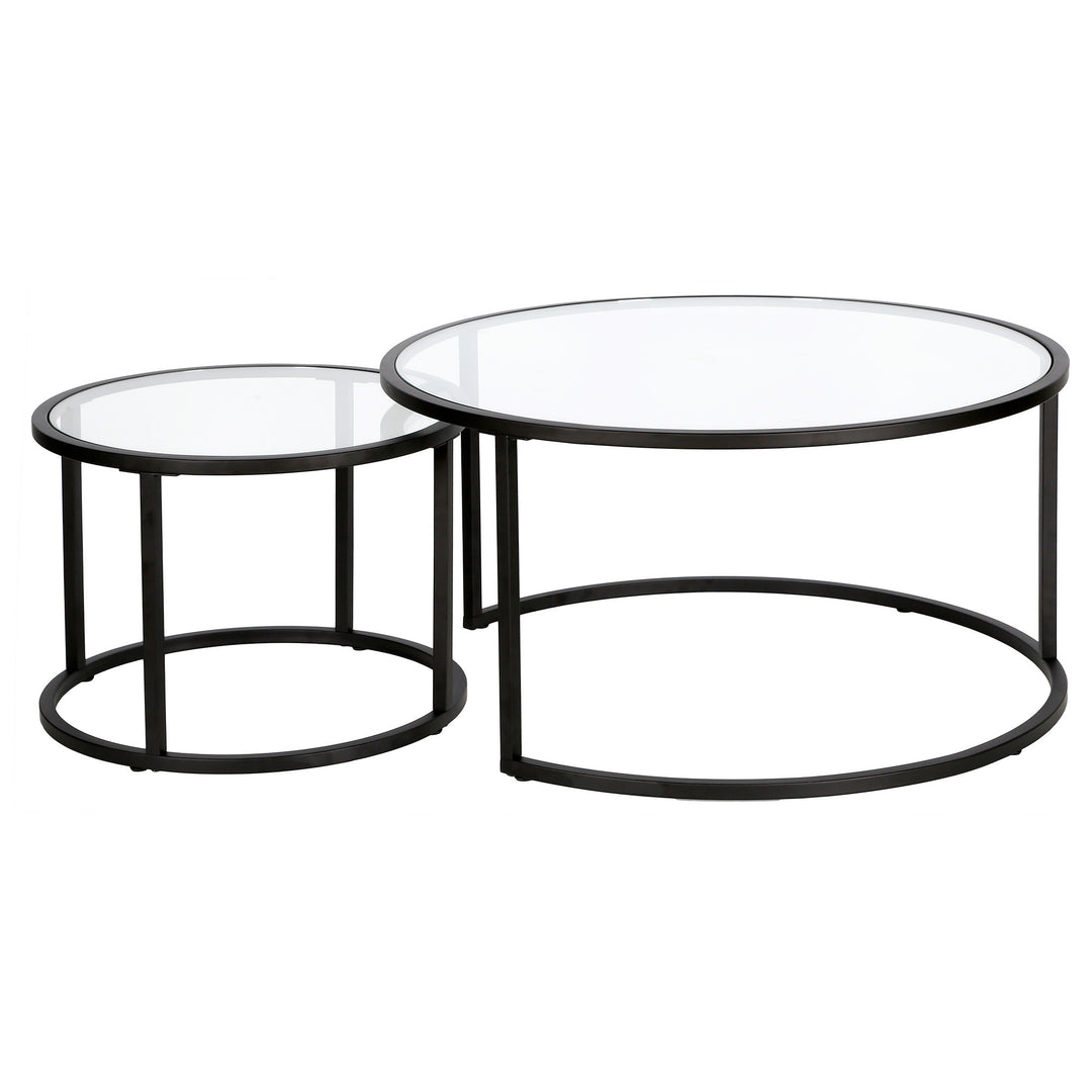 Set of Two 35-Inch Black Glass and Steel Round Nested Coffee Tables