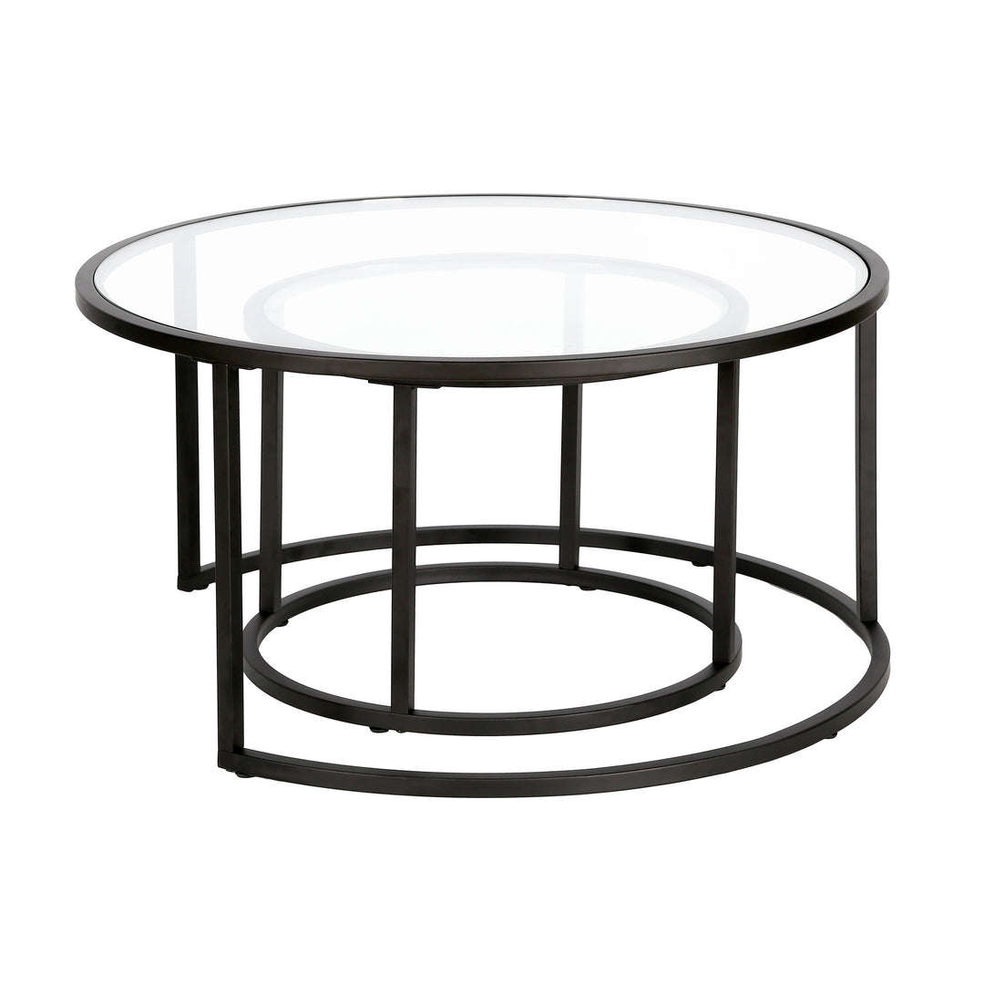 Set of Two 35-Inch Black Glass and Steel Round Nested Coffee Tables