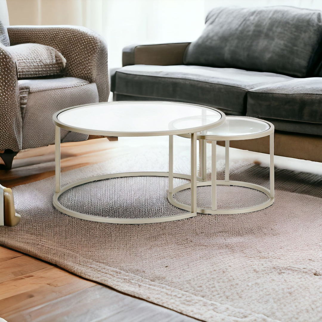 Set of Two 35" Silver Glass and Steel Round Nested Coffee Tables