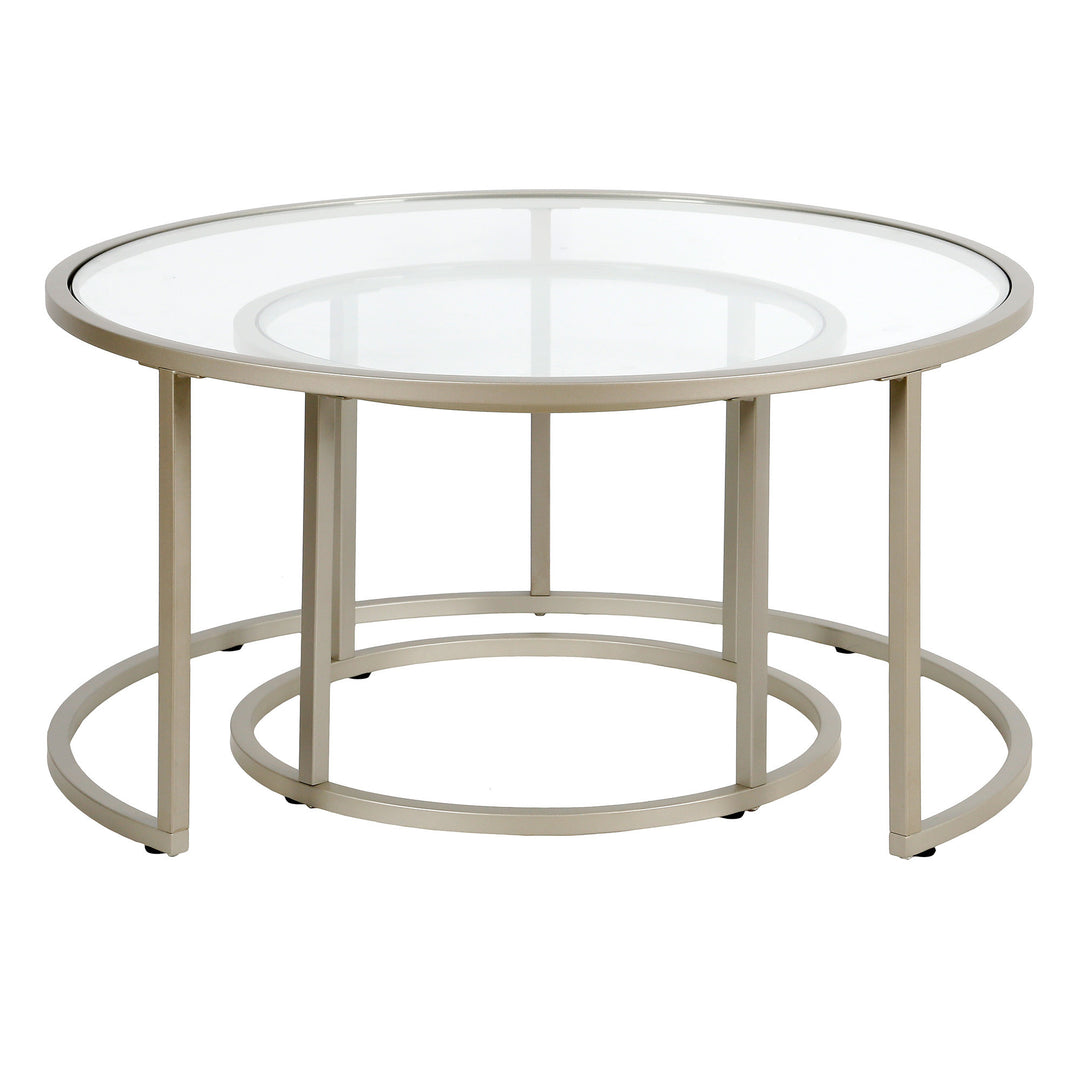 Set of Two 35" Silver Glass and Steel Round Nested Coffee Tables