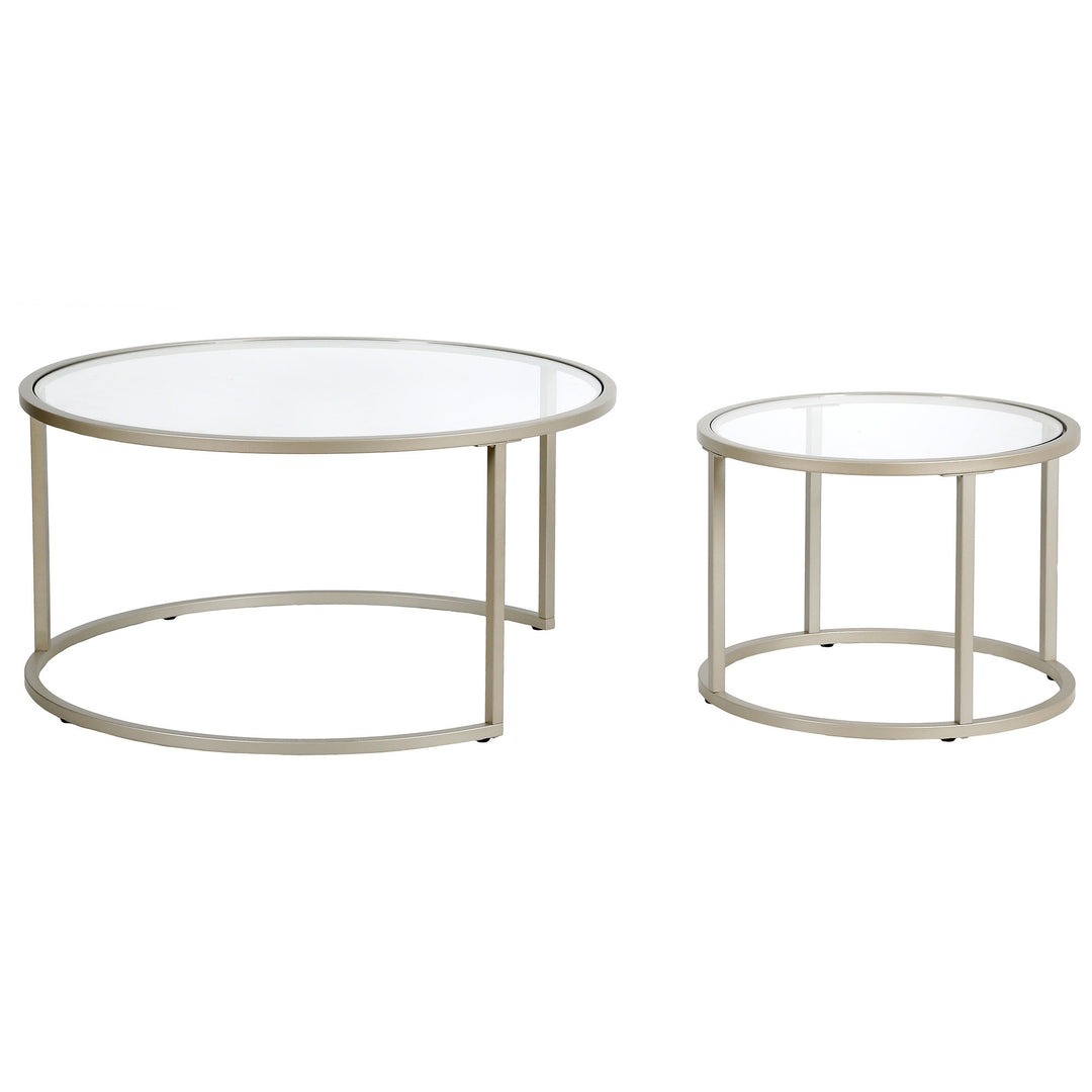 Set of Two 35" Silver Glass and Steel Round Nested Coffee Tables