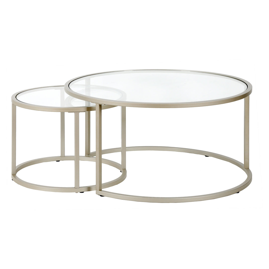 Set of Two 35" Silver Glass and Steel Round Nested Coffee Tables