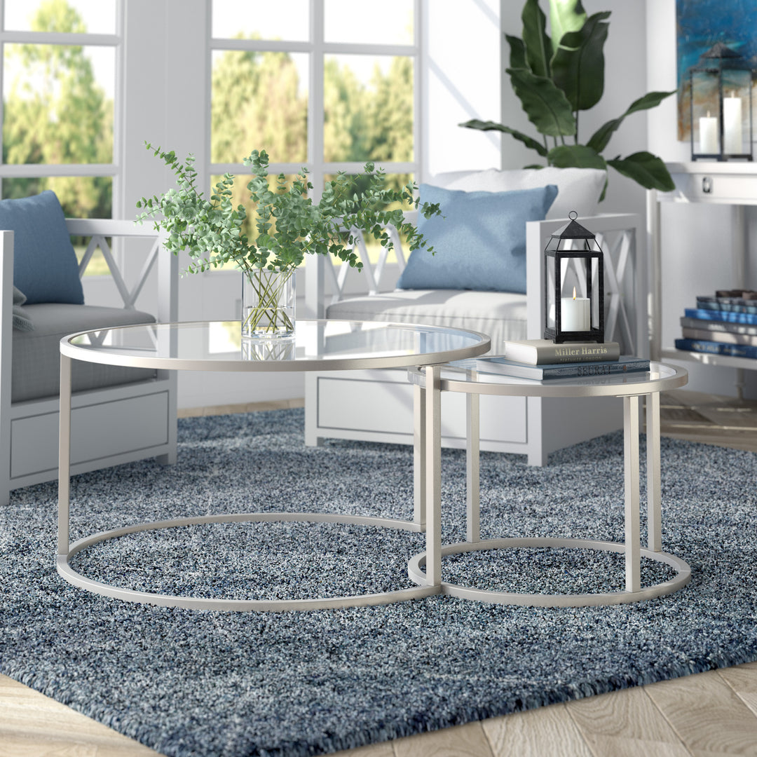 Set of Two 35" Silver Glass and Steel Round Nested Coffee Tables